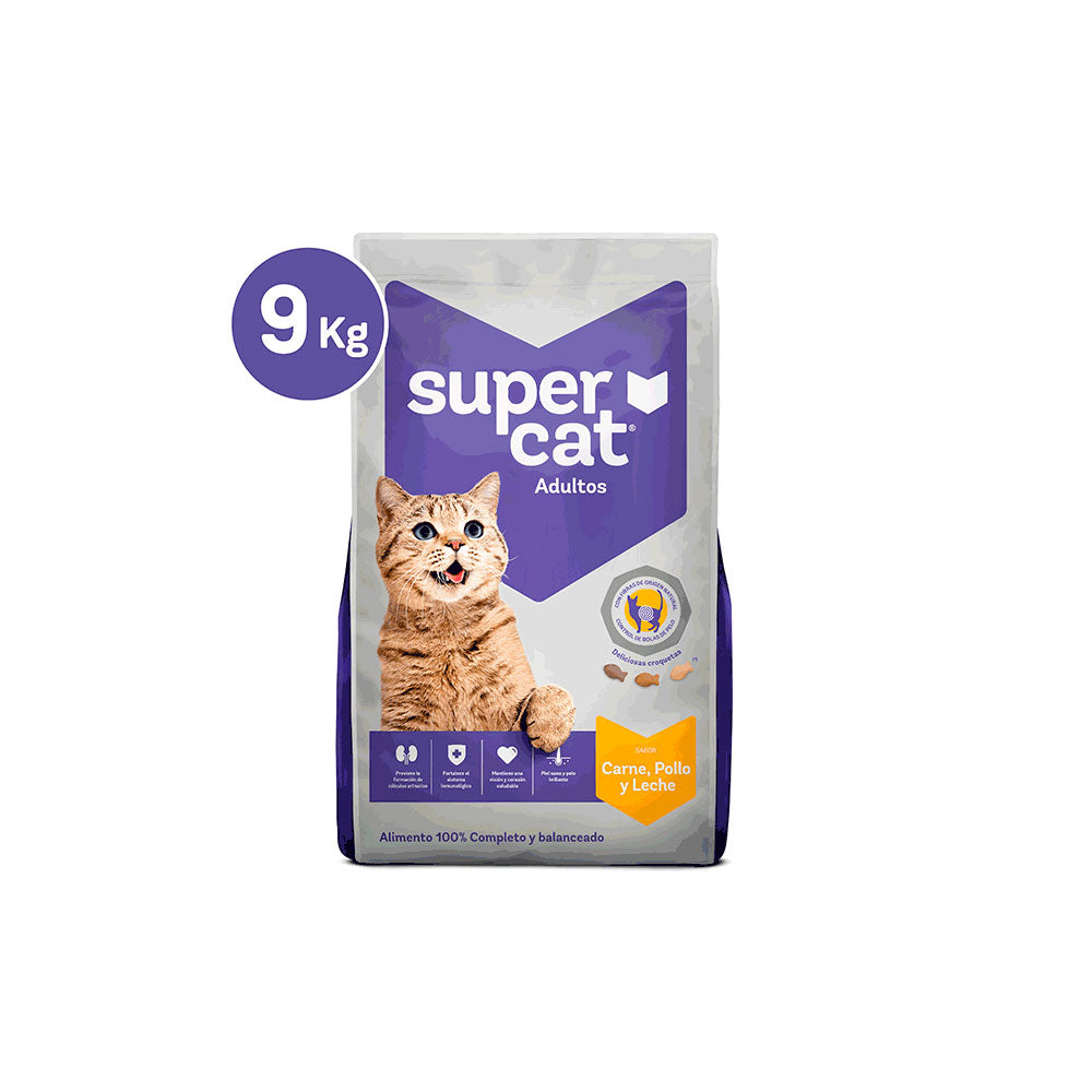 Alimentos para Gatos SuperCat Sabor Carne, Pollo y Leche 9kg